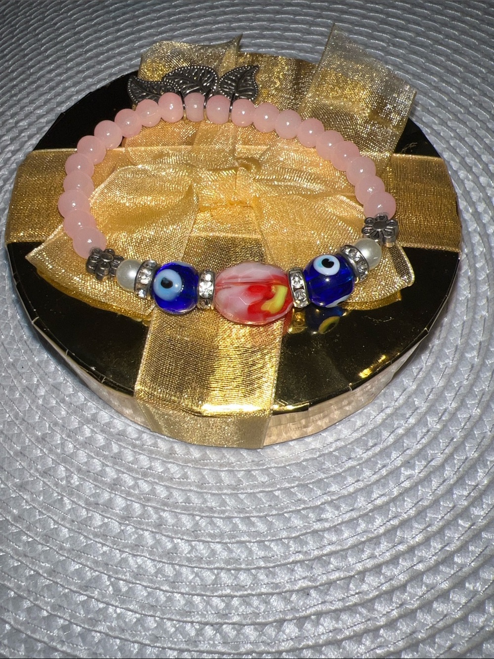 Eye 👁️ Pink Beaded Bracelet with Blue Glass Accent Beads